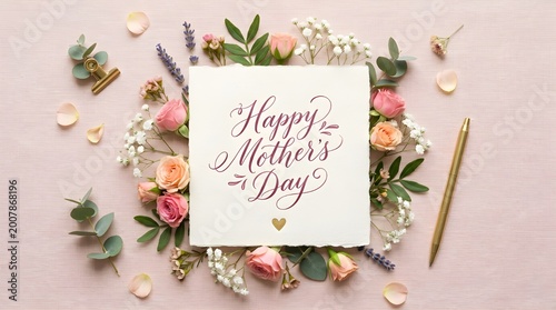 Beautiful flat lay composition featuring a Happy Mother’s Day greeting card surrounded by soft pastel flowers and decorative elements on a light background. Perfect for celebration and greeting concep
