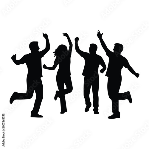 Bilde på lerret Joyful group of people jumping and dancing in celebration vector illustration silhouette