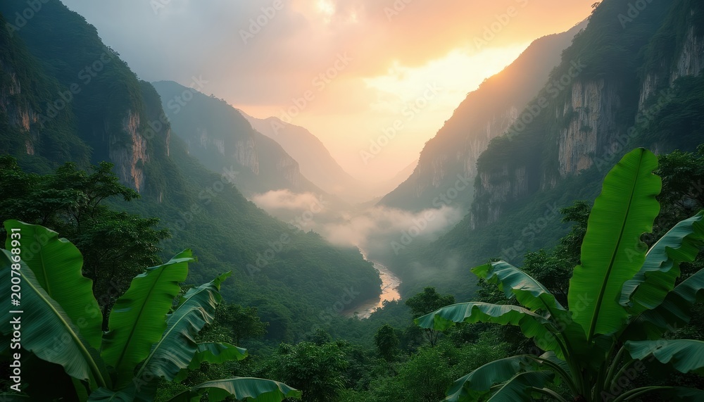 Fototapeta premium Tropical jungle valley at sunrise. Steep mountain cliffs frame misty forest with river flowing below. Rich banana leaves in foreground create natural depth, serene green landscape.