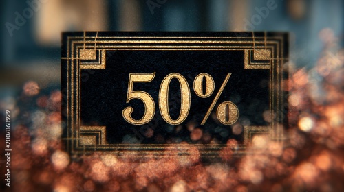 Sign showing fifty percent discount in a festive store setting