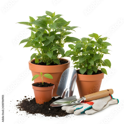 Green plants in terracotta pots with gardening tools and soil