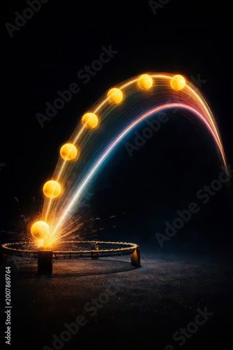 Abstract ball bounce trajectory physics motion, kinetic energy spark impact light-trail, velocity momentum dynamic acceleration gravity, glowing projectile arc on black background.