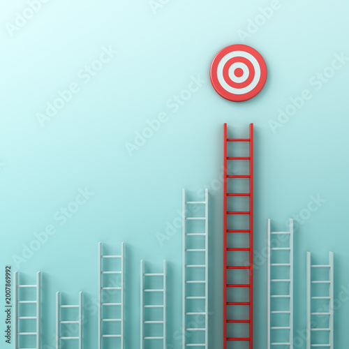 One red ladder leading the group to go to the goal target dartboard way to success concepts on light green blue cyan pastel color wall background with shadow 3D rendering
