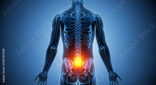 human skeleton with glowing lower back pain