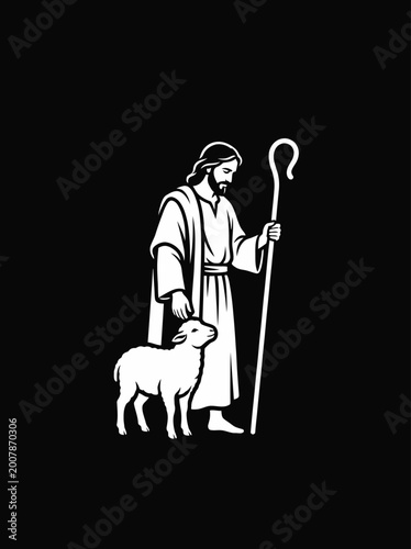 Jesus C the good shepherd with little lamb vector illustration black and white silhouette isolated on dark background christian religious symbol design element for posters prints apparel and stickers.