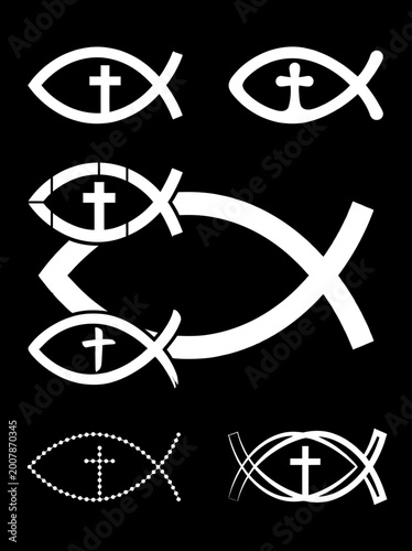 Ichthys fish symbols set with cross in center variation styles vector illustration religious graphic elements isolated on black background for Christ church logos apparel prints design collection kit.