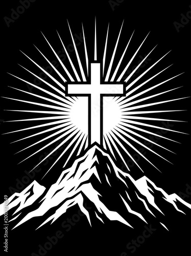 Cross on top of mountain peak with radiant light rays behind vector illustration black and white christian symbol isolated on dark background religious graphic design element for prints and posters.