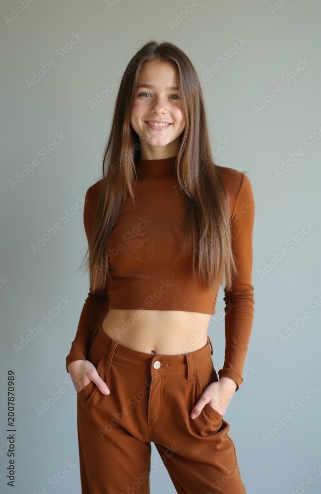 Naklejka premium Young woman poses in studio wearing brown top, pants. Stylish teen displays self-assured expression. Minimalist backdrop highlights modern fashion sense. Casual outfit suits everyday life promotional