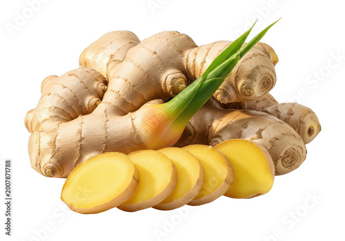 Fresh organic ginger root with green sprout and sliced pieces isolated on transparent background