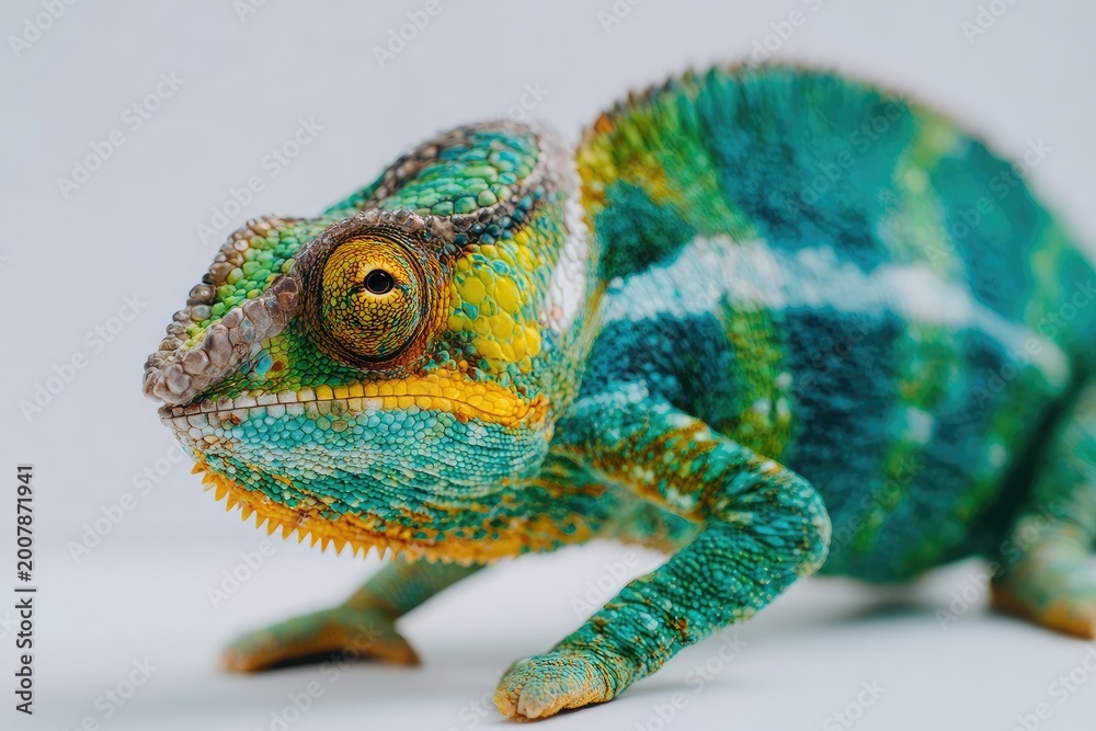 Obraz premium Vibrant chameleon with intricate patterns on white background close up shot