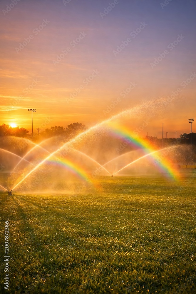 Naklejka premium Irrigation Sprinkler Watering Grass Field at Sunset with Rainbow, Sustainable Landscaping, Agriculture Hydration, Gardening Water Nature Environment Concept