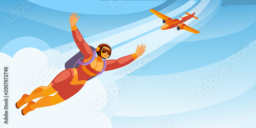 Tableau sur toile Skydiver in free fall with airplane vector illustration