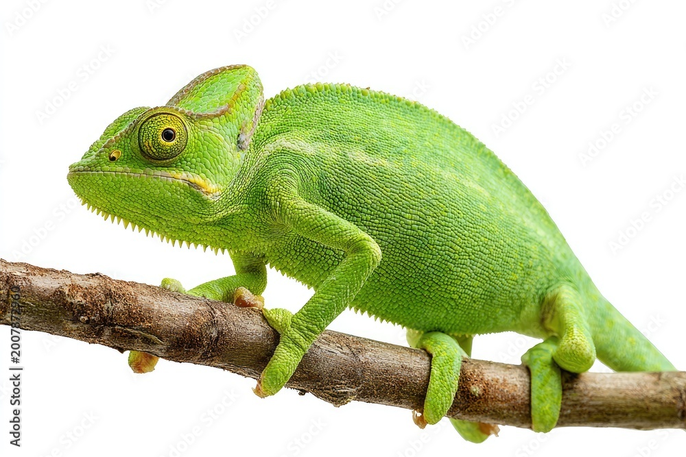 Obraz premium Vibrant green chameleon perched on a textured branch against a white backdrop