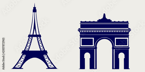 Φωτογραφία Blue silhouettes of the eiffel tower and arc de triomphe