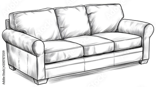 Detailed black and white drawing illustrates a comfortable, traditional style three-seater sofa design