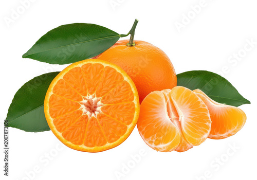 Fresh whole and sliced mandarin oranges with green leaves isolated on transparent background
