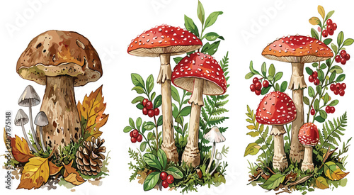 Foto PrintWatercolor Forest Mushroom Set — Autumn Botanical Clipart with Fly Agaric a