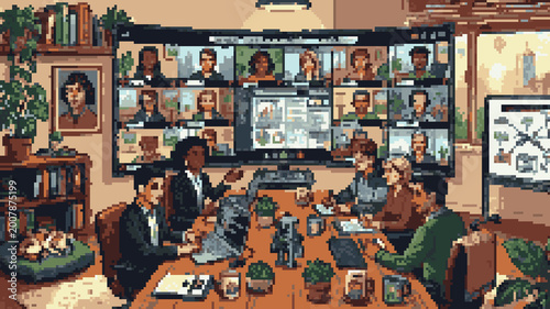Pixel art of a diverse business team having a hybrid meeting with colleagues on a large video conference screen