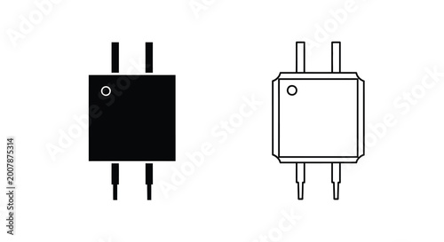 Photography Two views of a small electronic component likely a transistor or diode in black