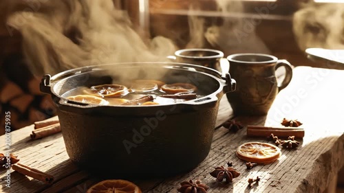 A steaming hot cup of black espresso coffee in a white ceramic mug sits on a kitchen table next to rich brown chocolate, making a perfect morning breakfast beverage
