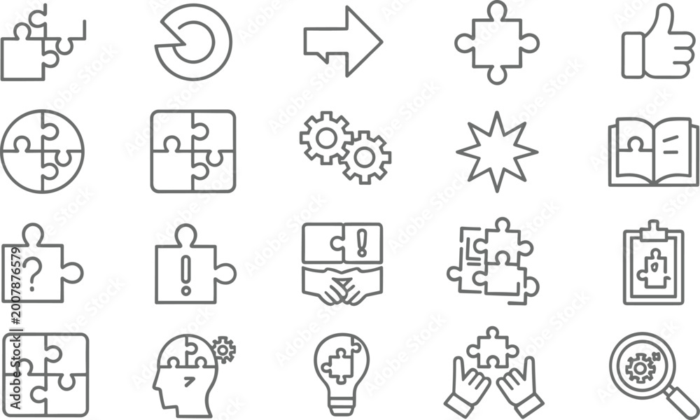 Fototapeta premium Minimal line business puzzle icons set, teamwork strategy concept, problem solving symbols, collaboration process, creative thinking, workflow, vector outline illustration