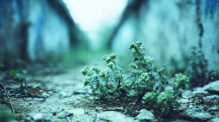 Plants grow along a narrow path with walls on both sides in a rural setting