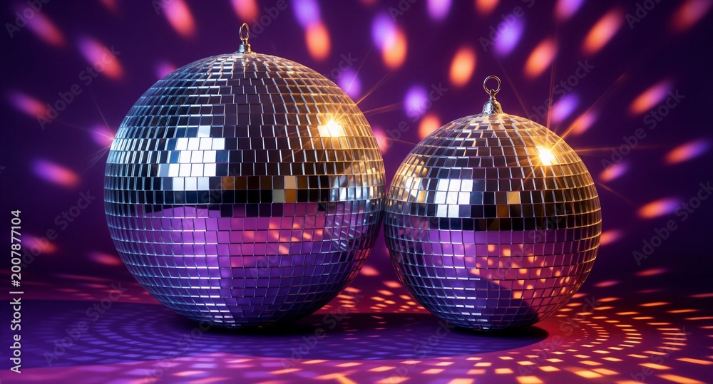 Fototapeta premium Two disco balls with colorful bokeh lights on purple party background