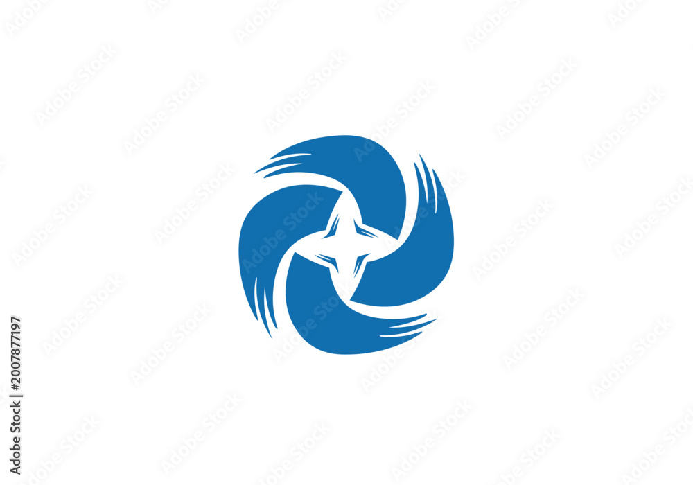 Fototapeta premium Blue abstract swirl logo with central star on white background