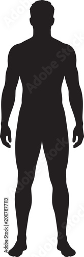 Foto Black silhouette of a muscular male standing frontal view, isolated on white bac