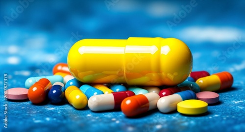 Large yellow capsule on a pile of colorful medical pills and supplements