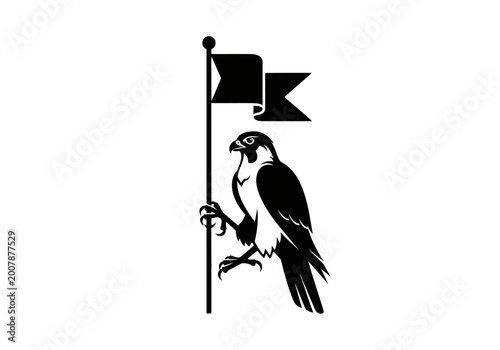 Falcon silhouette holding flag pole minimalist black and white logo