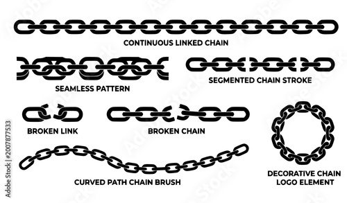 Modern chain brush vector set with metal link strokes and seamless chain pattern symbols