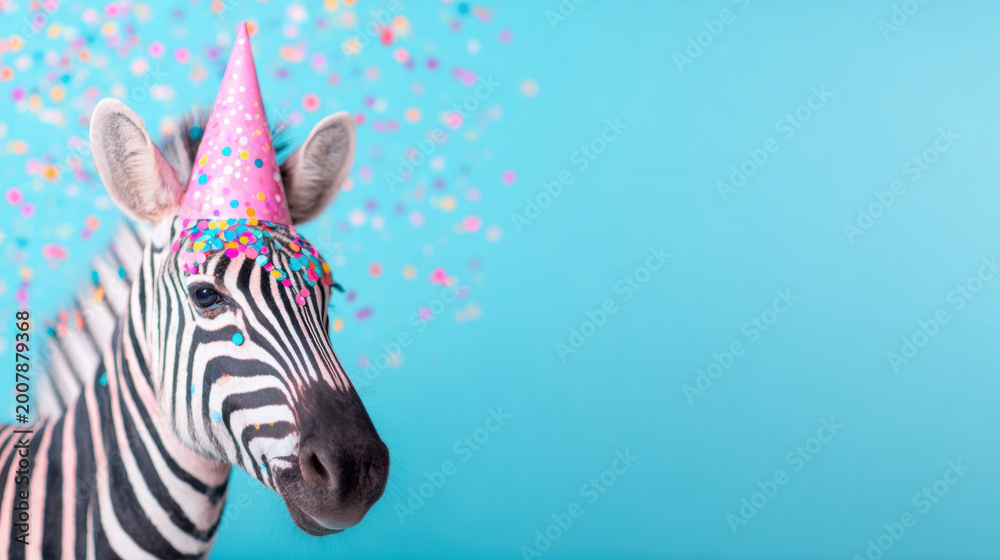 Fototapeta premium Zebra wears a party hat with colorful confetti on a blue background