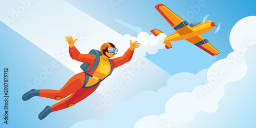Tableau sur toile Skydiver in free fall with airplane vector illustration