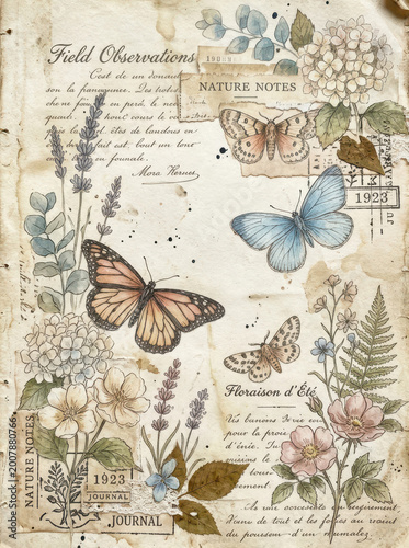 Vintage nature journal page with butterflies, flowers, and handwritten text