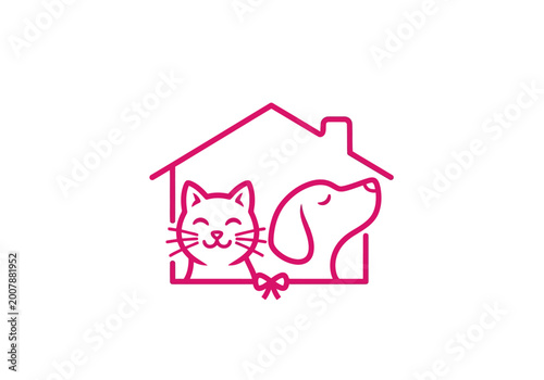 Minimalist pet logo featuring cat and dog inside a house