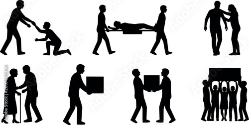Foto Humanitarian aid and support silhouettes a collection of helping hands and compa