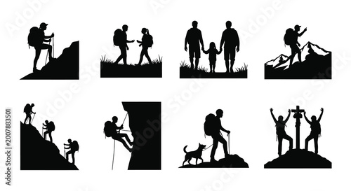 Tableau sur toile Collection of hiker silhouettes in various outdoor scenes black on white silhoue