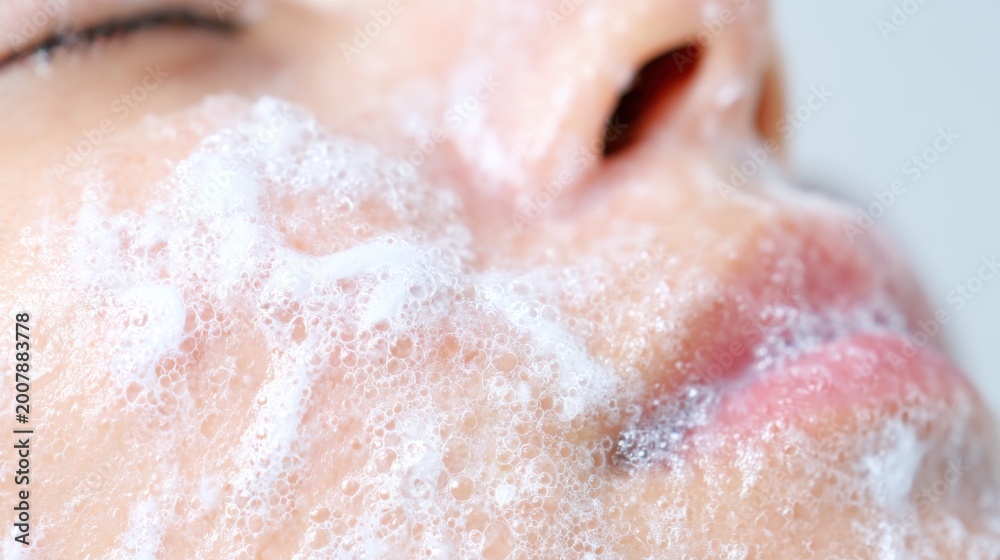Fototapeta premium Cleaning the face with foam during morning routine in bright bathroom