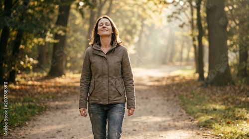 Adult Caucasian woman with peaceful and relaxed mood enjoying a mindful walk without gadgets and being present in the moment against sunny autumn forest background