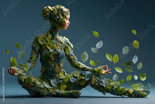 Woman made of green leaves in yoga pose for symbolic wellness visual