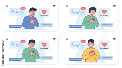 Heart app vector illustration ecg alert abnormal heart rate symptom tracker consult doctor telemed patient