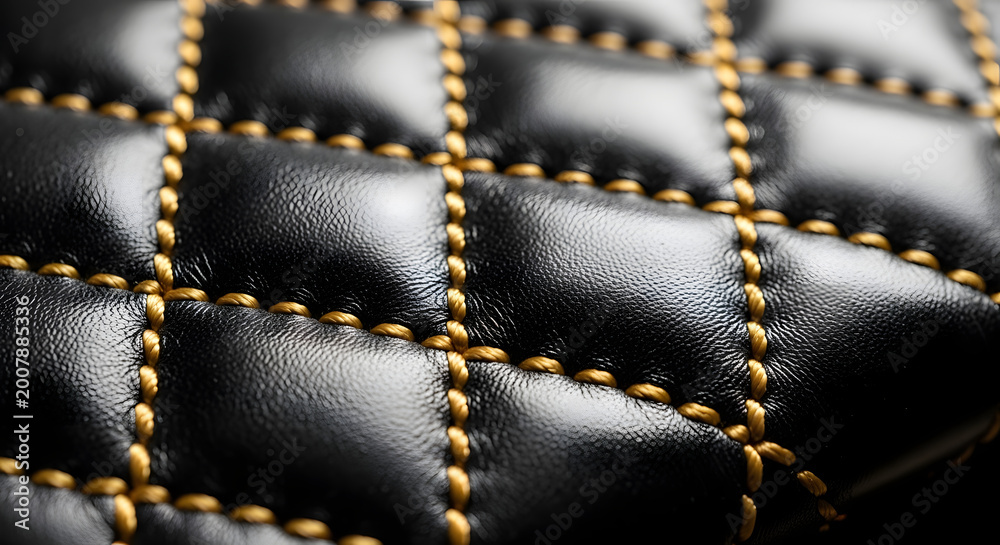 Fototapeta premium Macro view of quilted black leather with gold diamond stitching