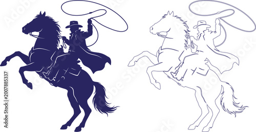 Silhouette and outline of a cowboy riding a rearing horse and throwing a lasso rope for western rodeo or ranch design