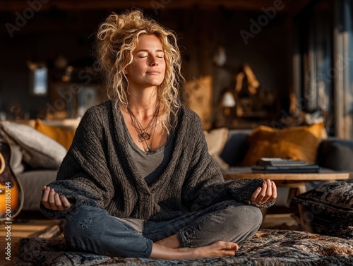 Woman meditating at home to represent calm living for wellness awareness