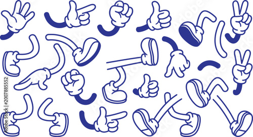 Valokuva Set of cartoon hands and feet in rubber hose style for character design elements