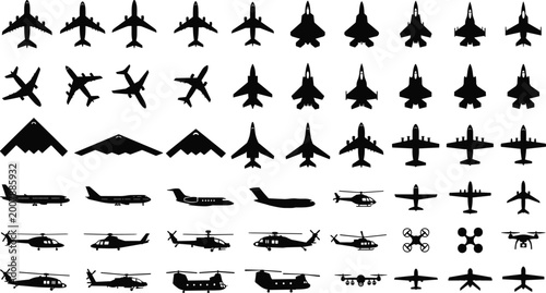 Fotografia Large collection of aircraft silhouettes featuring airplanes helicopters and dro