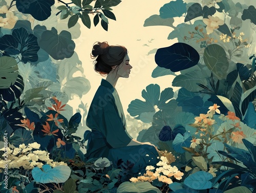 Woman meditating in lotus position surrounded by plants and flowers