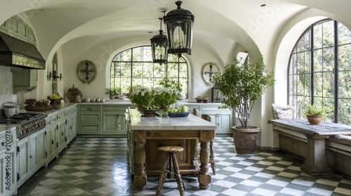 Elegant kitchen with arched windows and checkerboard floor.