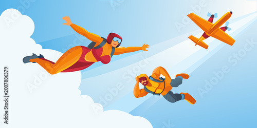 Tableau sur toile skydiving illustration with airplane two people in free fall